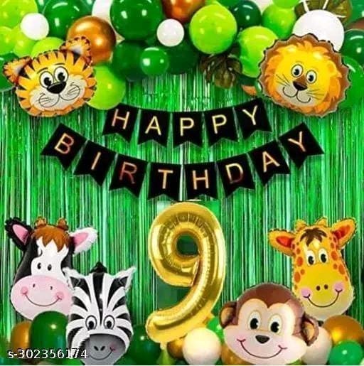 Jungle Safari Theme Happy Birthday Decoration Kit with Animals Balloons, Number Balloon and Foil Curtains for Kids