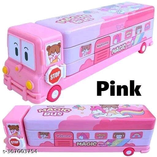 The product  "Magic School Bus Toy Car Shape 3 Layer Pencil Box, Pink".