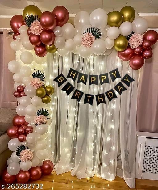 Rose Gold and White Balloons Garland Arch Kit with Happy Birthday Banner