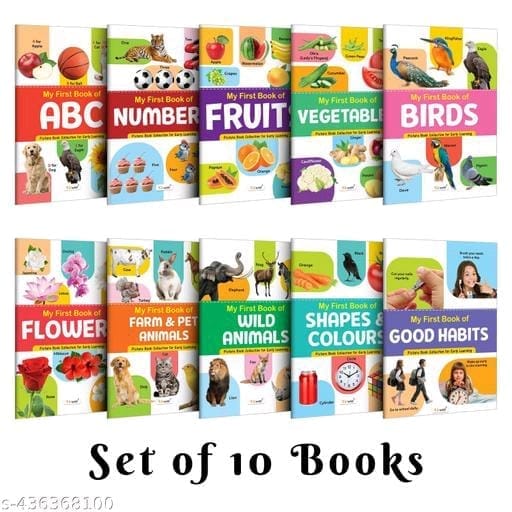 My First Book of ABC, Numbers, Fruit, Vegetables, Birds, Flowers, Farm & Pet Animals, Wild Animals, Shapes & Colours, Good Habits (Set of 10 Books)