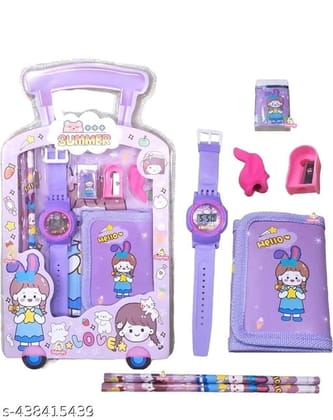 Kids Stationery Set, School Supplies Kit with Trolley Case, Kawaii Cartoon Pencil Case for Girls, Children's Day Gift