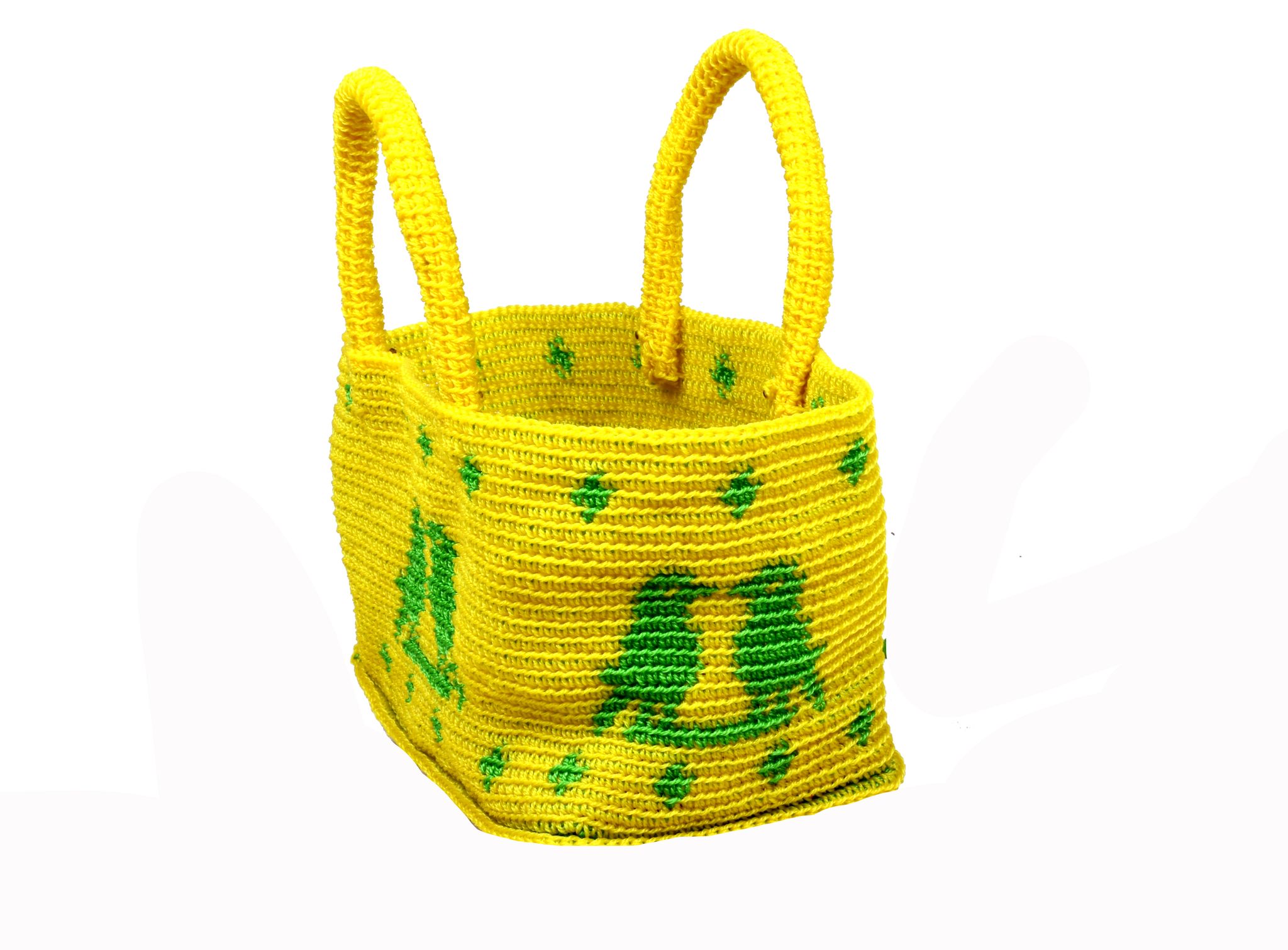  Handmade Yellow Crochet Market Tote Bag with Green Accents