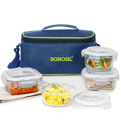 Borosil Klip n Store Lunchbox | Set of 4 pieces (320ml x 2 Square + 240ml x 2 Round), Borosilicate Glass