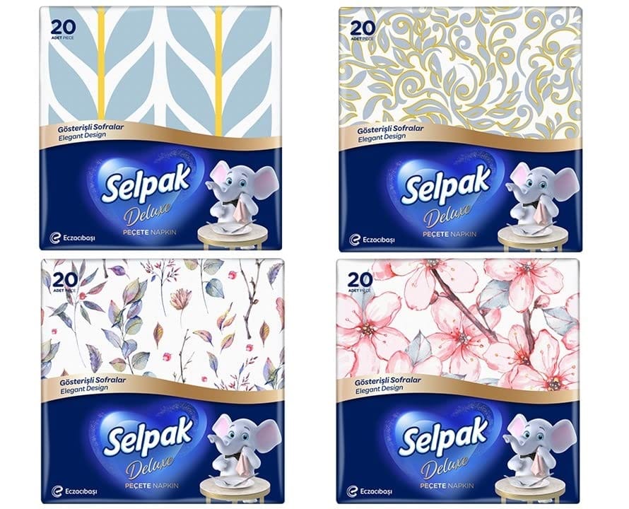 Selpak 3-Ply Printed Party Napkins – Combo Pack of 4 (20 Napkins per Pack) with Assorted Designs