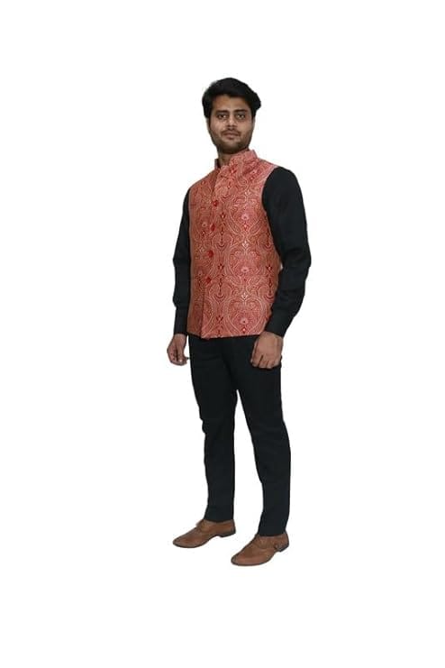 Adam In Style - Luxe Jacquard Nehru Waist Coat/Party/Formal/Wedding Attire/Polyester Fabric/Size XS To XXXL