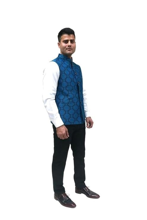 Adam In Style - Luxe Jacquard Nehru Vest Coat/Polyester Fabric/Size L/Blue Color