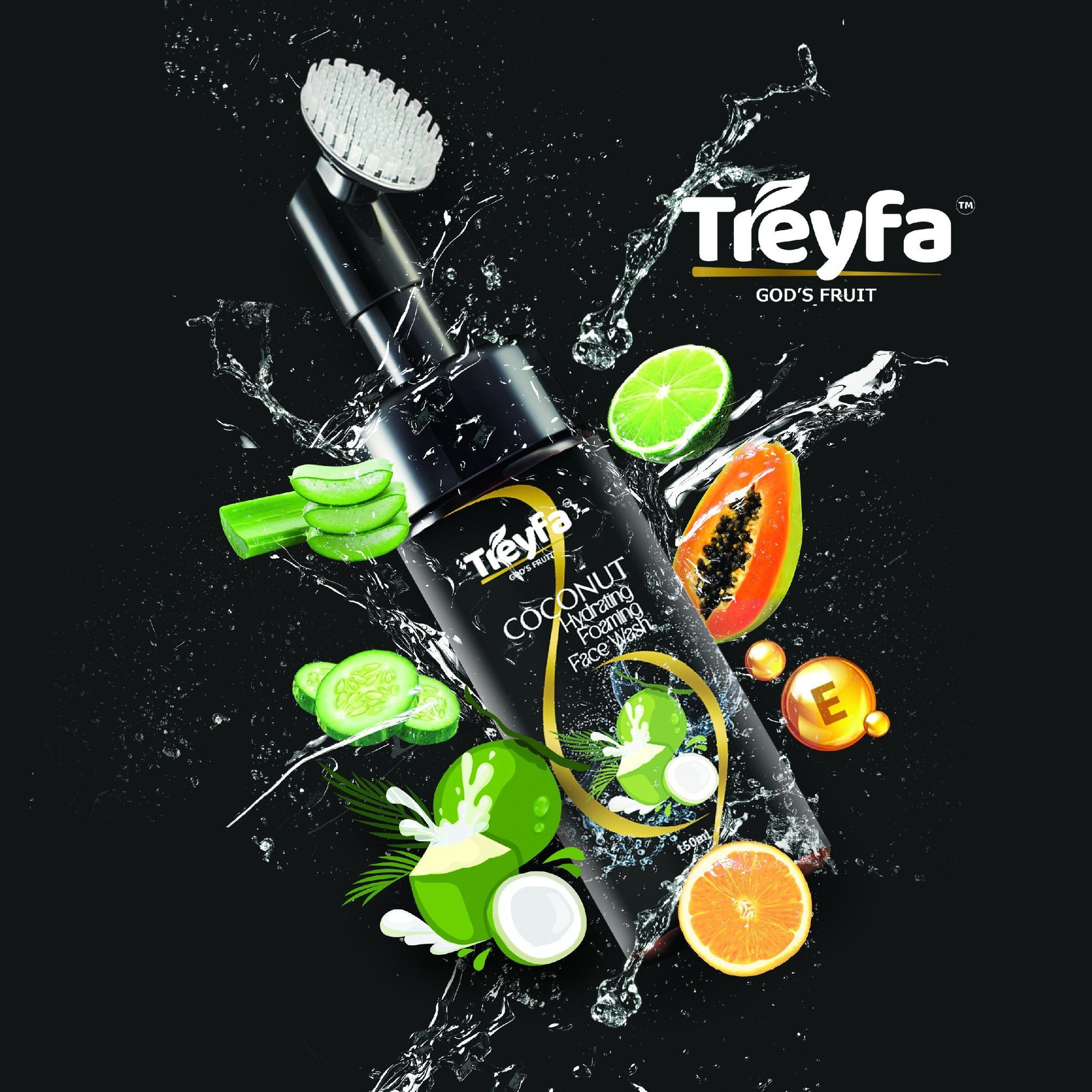 Treyfa Coconut hydrating Foaming face wash with built-in silicone brush for deep exfoliation, dirt removal and moisturization