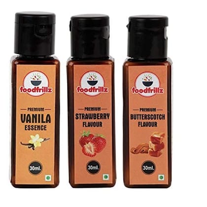 foodfrillz Vanilla, Strawberry & Butterscotch flavour Essence Combo Pack, Baking Essential Ideal Essence Making for Cakes, Cookies and Ice Creams Liquid Food Essence - Pack of 3 (30ml each)