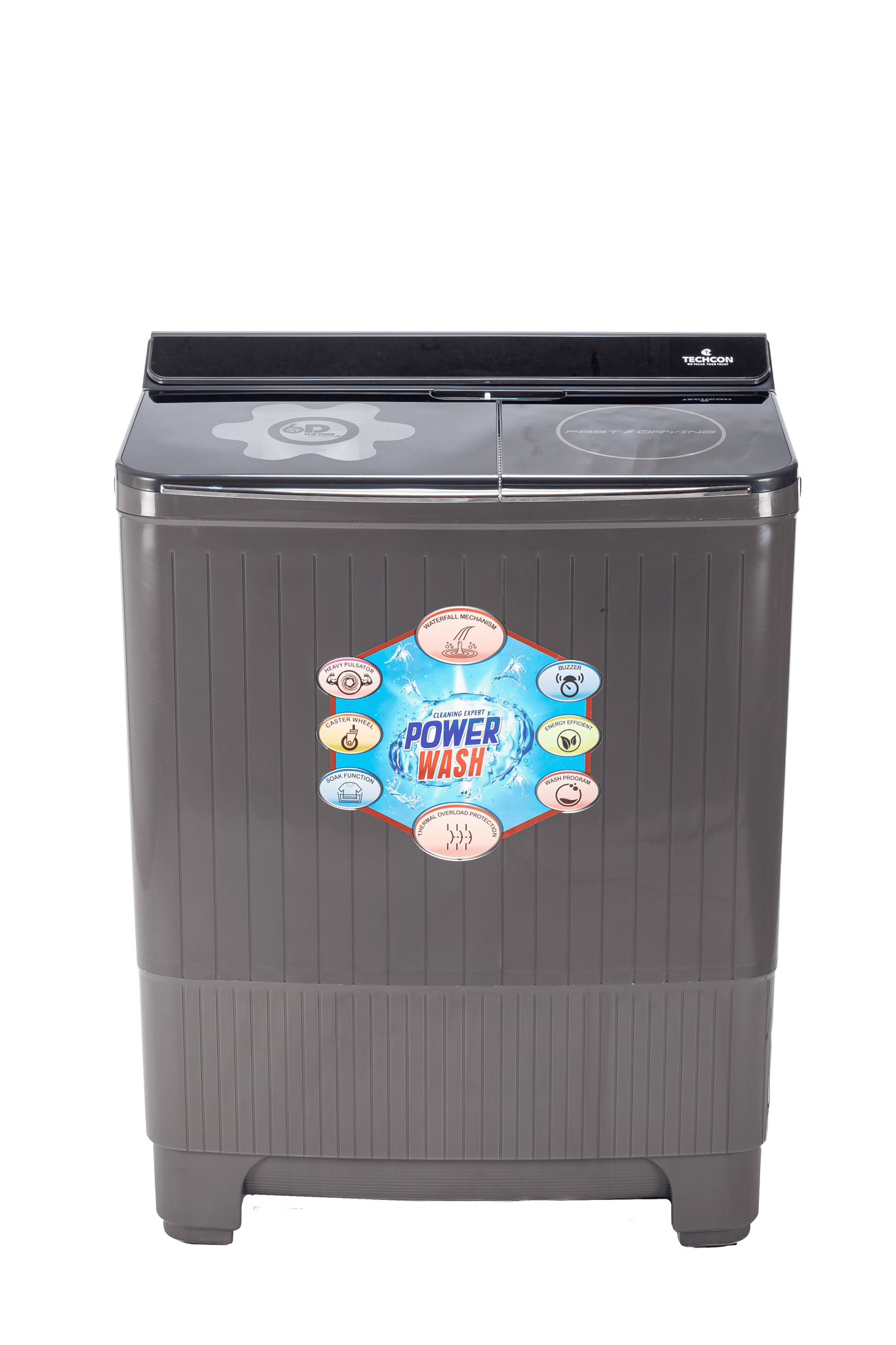 Techcon 1051FG Power Wash 10.5 Kg Grey Semi Automatic Washing Machine, Full Glass