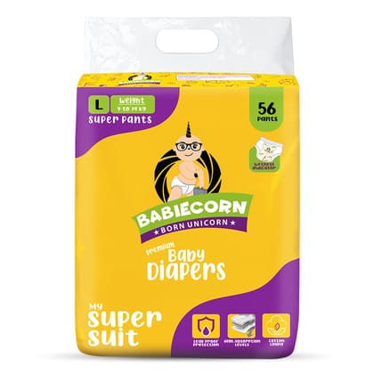 BABIECORN My Super Suit Baby Diaper Pants with Wetness Indicator 9 to 14kg - L (56 Pieces)