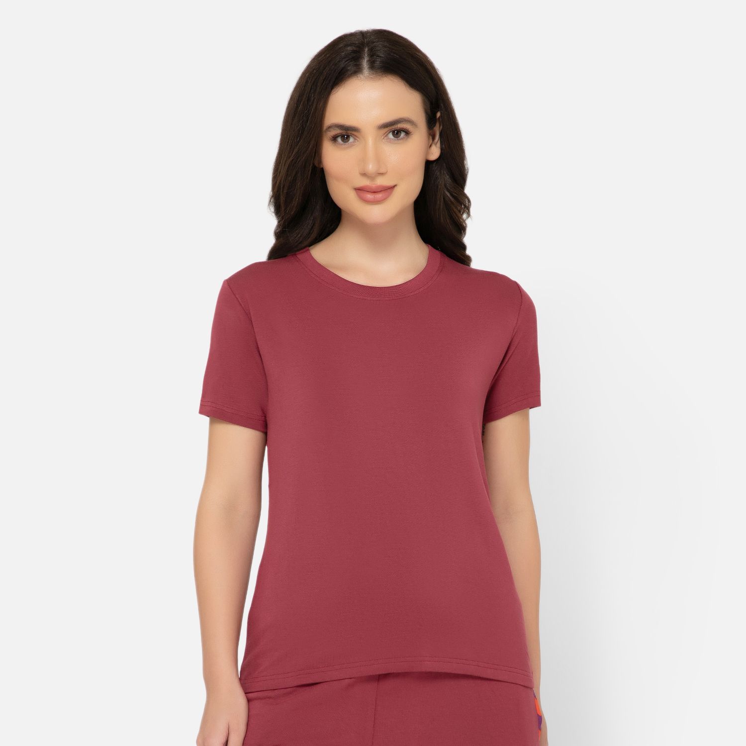 Bummer Women's Round Neck Solid Lounge T-Shirts | Relaxed Fit,Terry Modal & Half-Sleeve Tshirt - Merlot