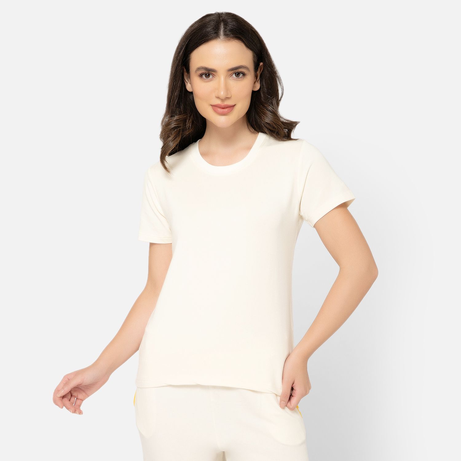 Bummer Women's Round Neck Solid Lounge T-Shirts | Relaxed Fit,Terry Modal & Half-Sleeve Tshirt - Champagne