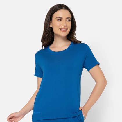 Bummer Women's Round Neck Solid Lounge T-Shirts | Relaxed Fit,Terry Modal & Half-Sleeve Tshirt - Skyfall