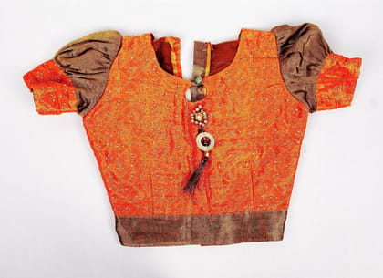 Orange Silk Embroidered Blouse With Puff Sleeves