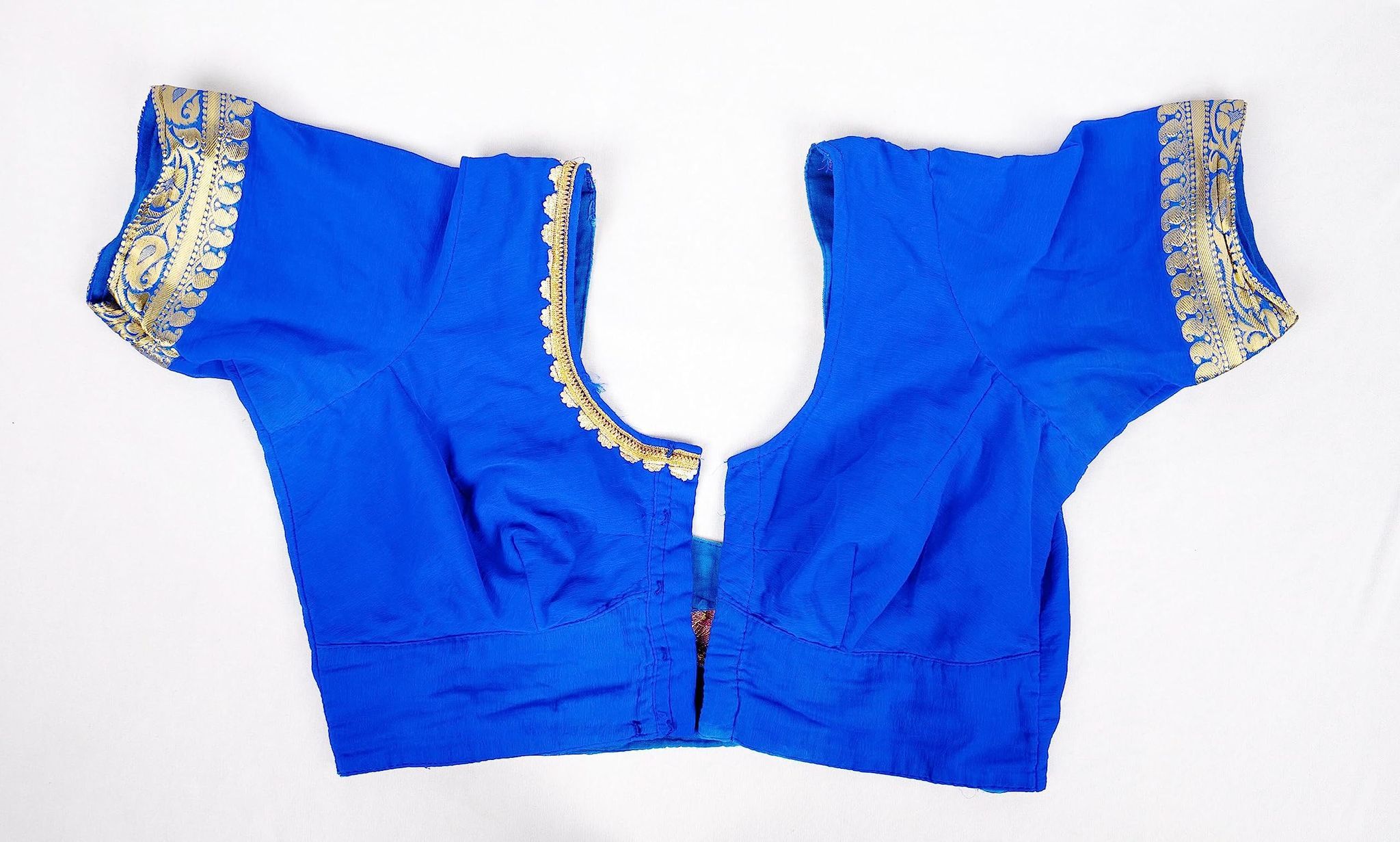 Blue Cotton Silk Saree Blouse With Golden Zari Embroidery