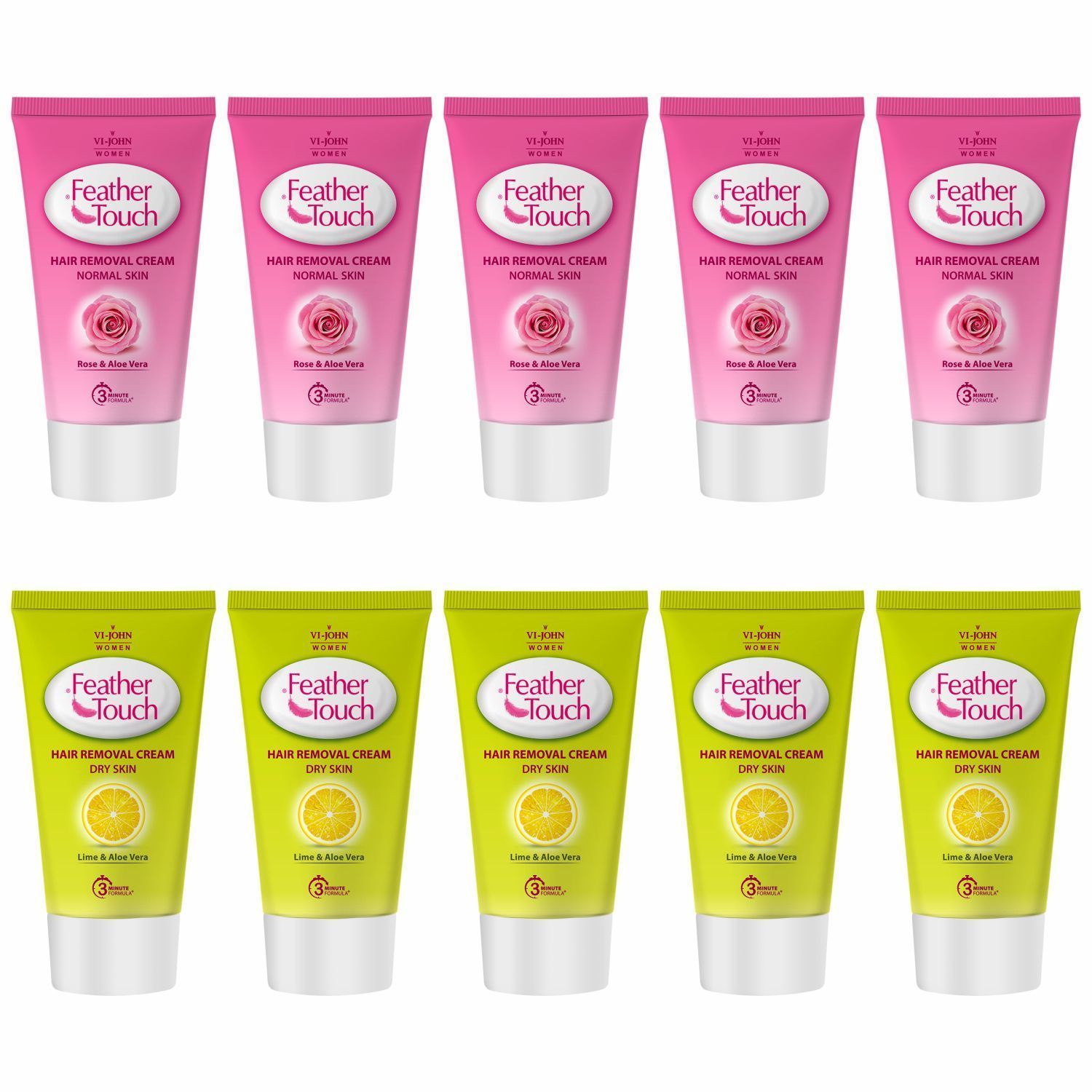 VI-JOHN Women Feather Touch Hair Removal Cream Lime & Rose 40gx5 Each (Pack of 10)