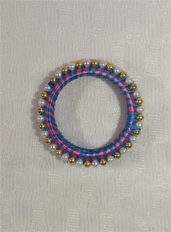 Blue and Pink Silk Thread Bangle with Pearls