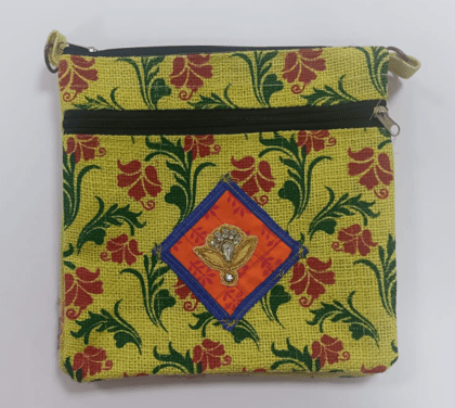  Embroidered Jute Sling Bag with Zipper Closure