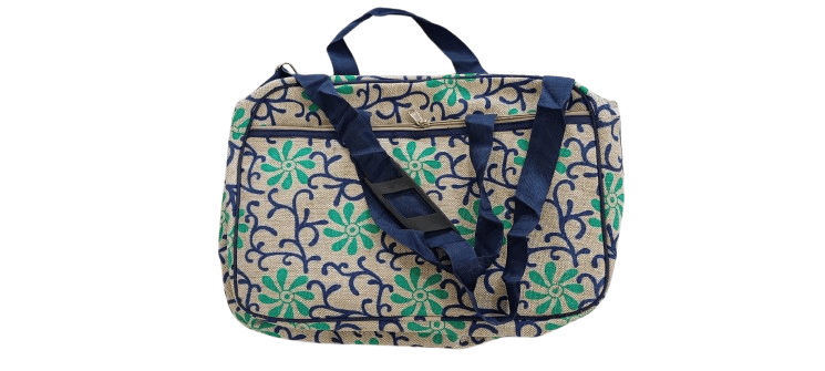 Jute Floral Print Luggage Bag with Blue Trim