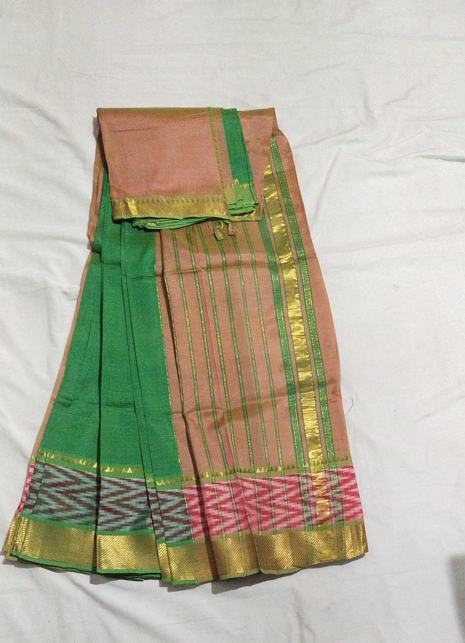 Green and Peach Striped Cotton Saree With Blouse Piece