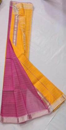 Yellow and Pink Pure 250 Kaddi Handloom Cotton Saree With Blouse Piece