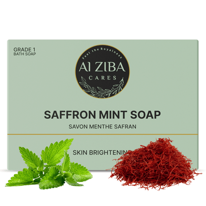 ALZIBA CARES Saffron Mint Soap (Pack of 4)  with Saffron, Mint & Cinnamon Oil  | For Brightening,  Cooling and Clear Skin  | High TFM (Grade 1), Vegan  | For all Skin Types  | 100G * 4 Soap Bar