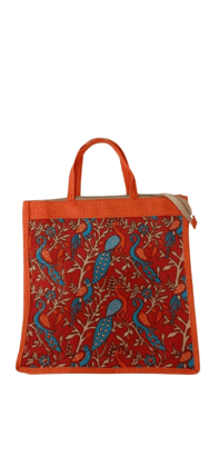 "Jute HandMade Tote Bag/Market Bag with Colorful Peacock Print". Small Size