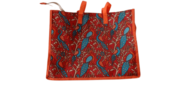 Jute HandMade Tote Bag/Market Bag with Colorful Peacock Print- Large Size".