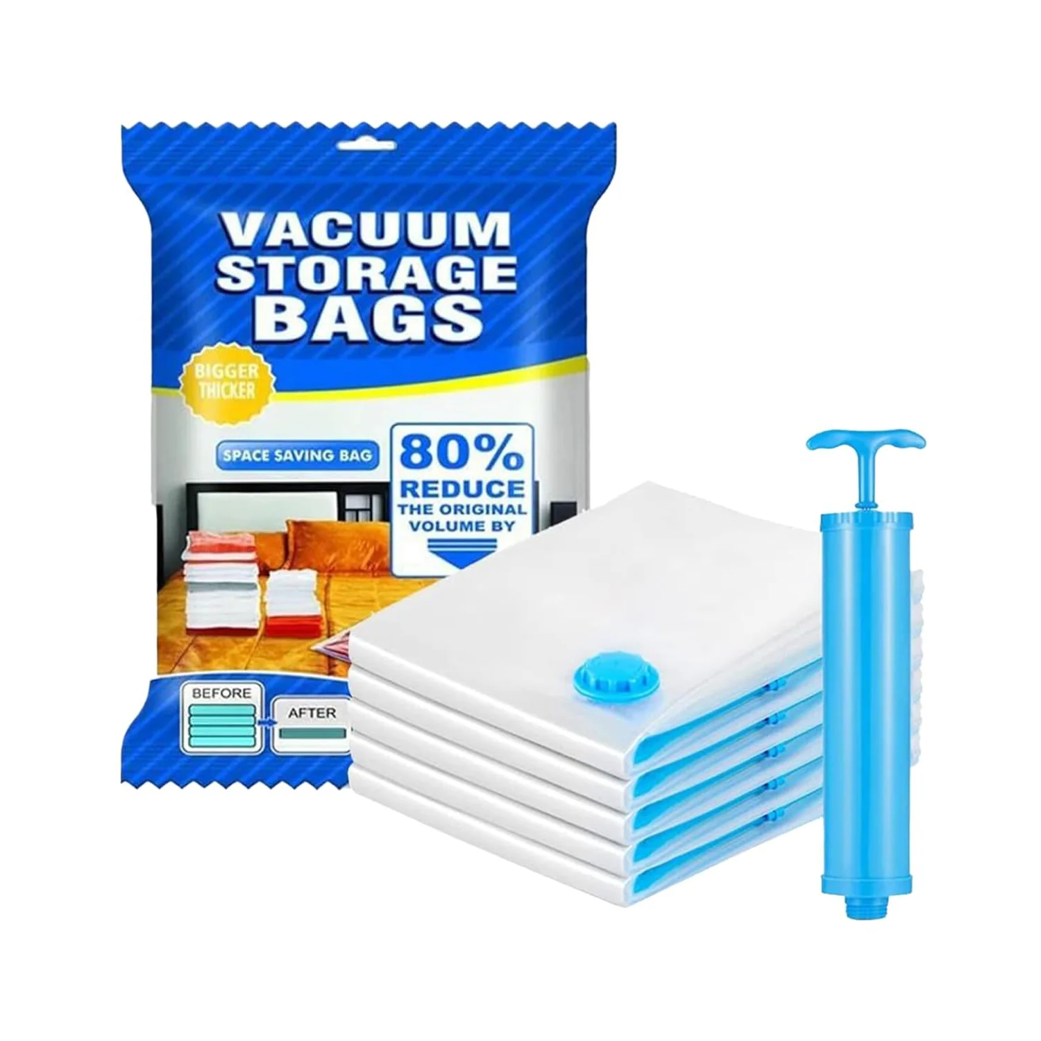 Vacuum Storage Bags for Travel | Space Saver | Airtight Reusable Ziplock with Hand Pump | Compression Storage Bag | 5-Pack (1 Large, 2 Medium, 2 Small)