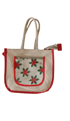 Jute HandBag For Women | Ladies With Red and Green Floral With Zipper Closure