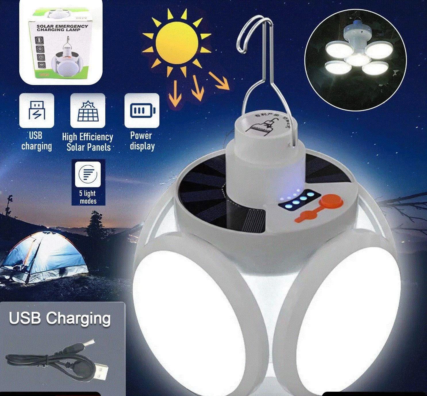 Solar Multi-Functional Emergency LED Light Bulb with USB Charging, LED camping lamp, camping lamp, USB rechargeable, 5 brightness light modes, foldable camping light, SOS IP65 waterproof camping light, blackout emergency equipment, camping gadgets