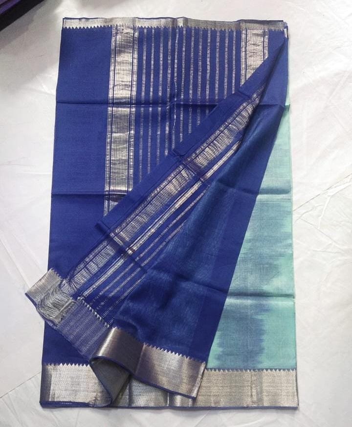 250 KADDI Soft Lux  Green & Blue Saree With Silver Zari Border