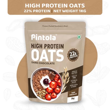 Pintola 22g High Protein Oats, Dark Chocolate, No Refined Sugar, with Almonds Raisin, Pumpkin and Chia Seeds, 8g Fibre, Rolled Oats, Breakfast Cereals | Gluten Free