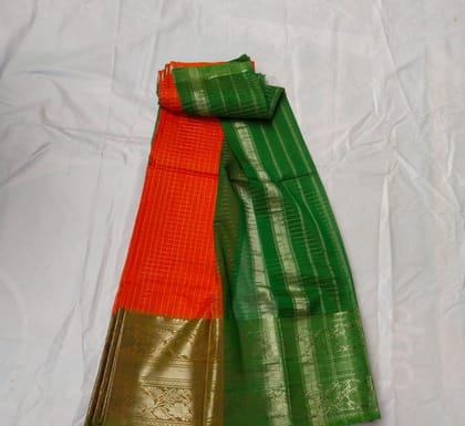  Green and Orange Silk Saree With Blouse Piece