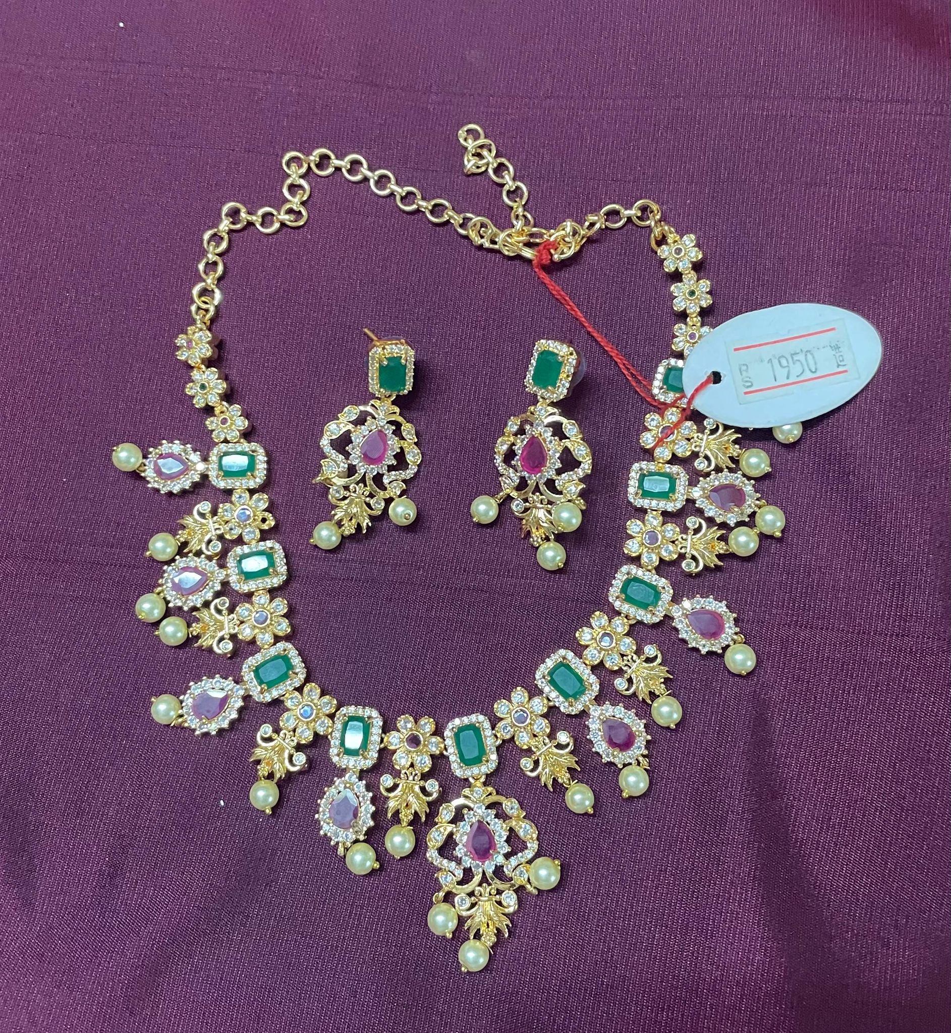  Bridal Gold Plated Necklace Set With Green Stones and Pearls