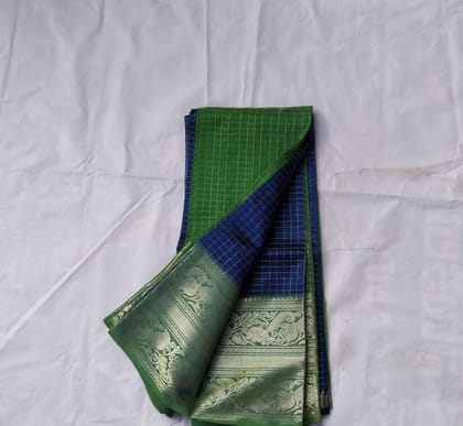  Green and Blue Checked Saree with Golden Zari Border