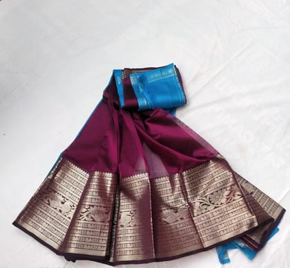  Blue and Maroon Kanjivaram Silk Saree With Blouse Piece