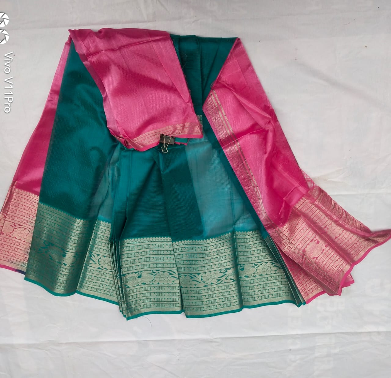 Green and Rose Pink Silk Saree With Blouse Piece