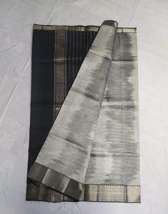  Black and White Striped Saree with Golden Border