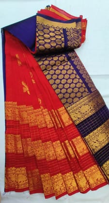  Red and Blue Silk Saree With Golden Zari Border