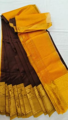  Yellow and Brown Pure Handloom Kanchipuram Silk Saree With Blouse Piece