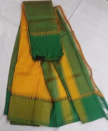 MangalagiriHandloom Yellow and Green Cotton Silk Saree With Blouse Piece