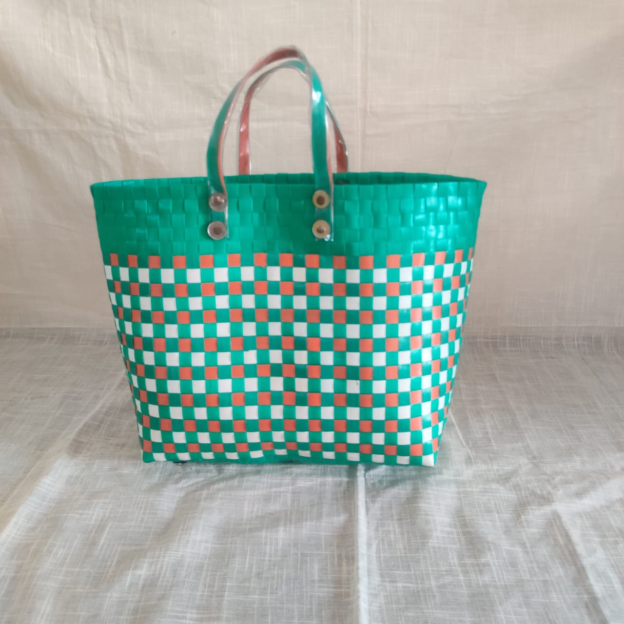 Green and Orange Checkered Plastic Woven Bag