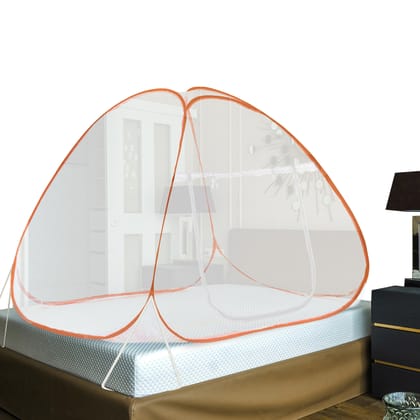 GLOBAL IMPEX Mosquito Net for Double Bed King Size Foldable Machardani Polyester 30 GSM Strong Net PVC Coated Corrosion Resistant Steel Wire (White, Orange)