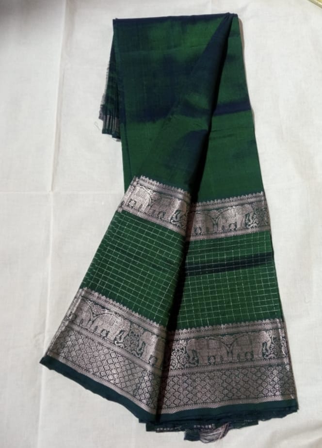 Green and Black Cotton bi Silk Saree With Elephant Design Silver Zari Border