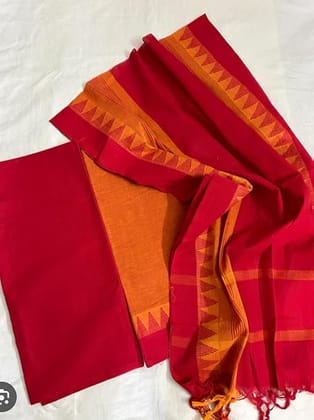 Pure Handloom Mangalagiri Cotton Red and Orange Kurta with Dupatta Set