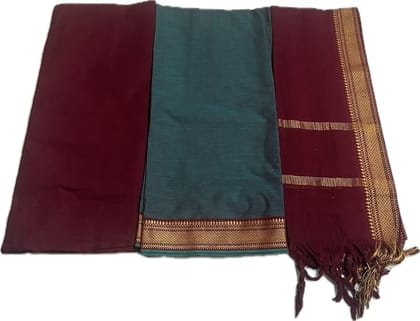 Pure Handloom Mangalagiri Cotton Gray and Maroon Dress Material with Zari Border Dupatta Set