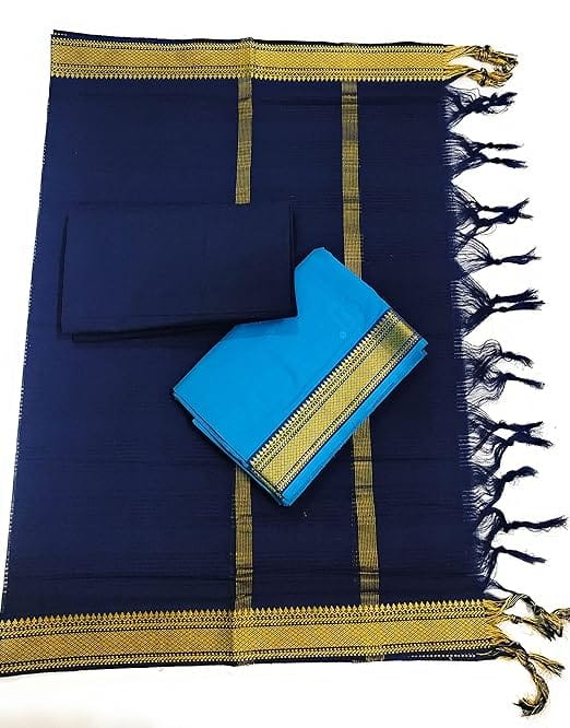 Pure Handloom Mangalagiri Cotton Blue Color Dress Material With Dupatta Set