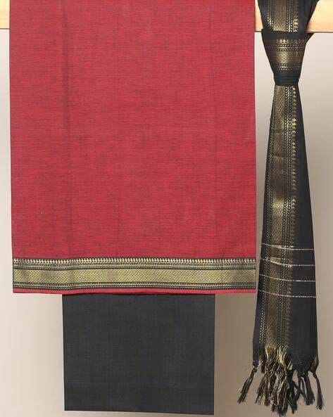 Pure Handloom Mangalagiri Cotton Red & Black Dress Material With Dupatta Set