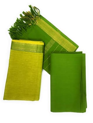 Pure Handloom Mangalagiri Cotton Green & Yellow Combination Dress Material With Dupatta Set